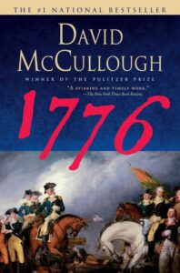 Cover of '1776' by David McCullough, considered among the best books on American history, presenting a dramatic illustration of George Washington crossing the Delaware River.