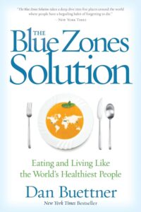 Cover of 'The Blue Zones Solution' by Dan Buettner with a blue and white design.