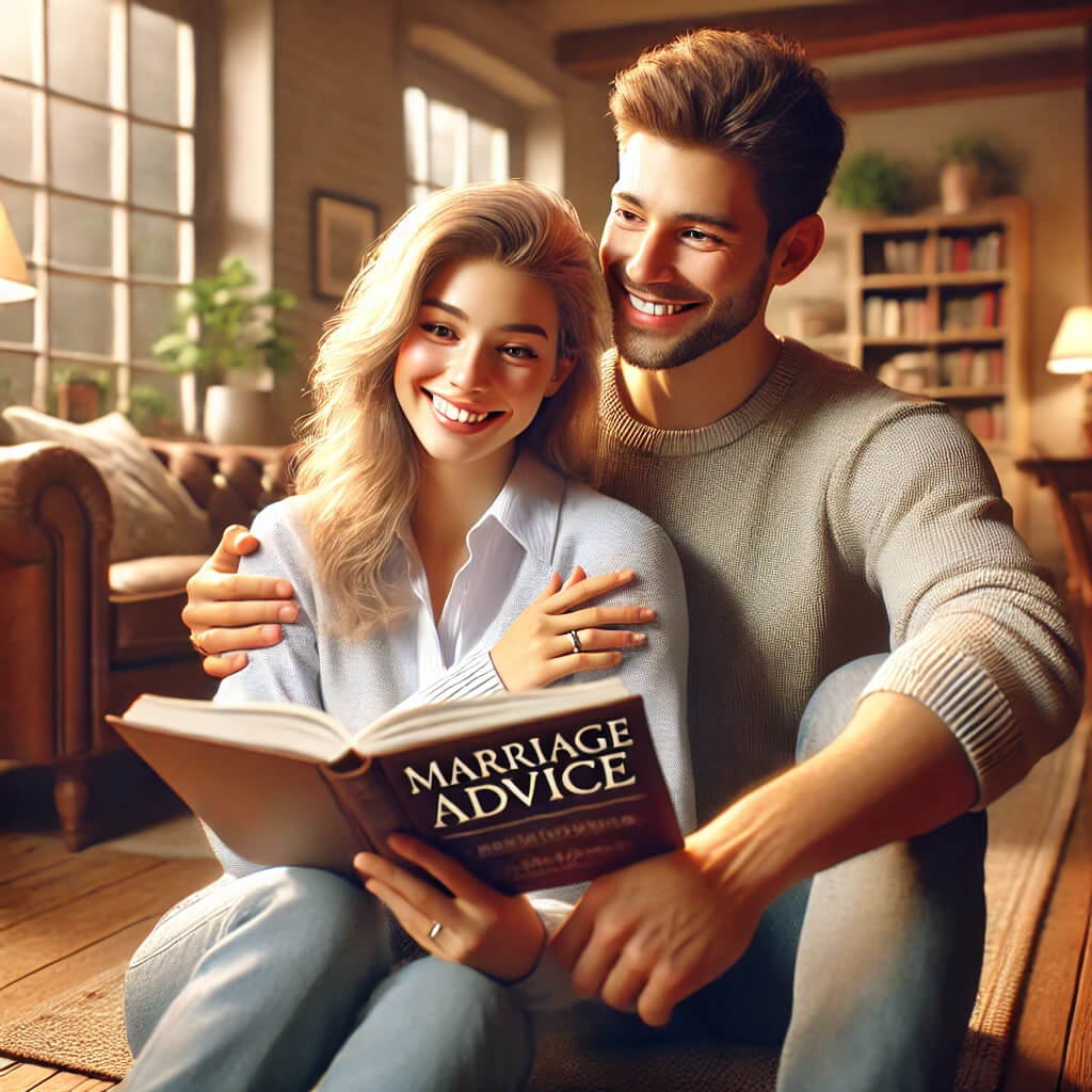 A happy couple sitting together, enjoying a marriage advice book, highlighting the importance of learning and growing together in a relationship.